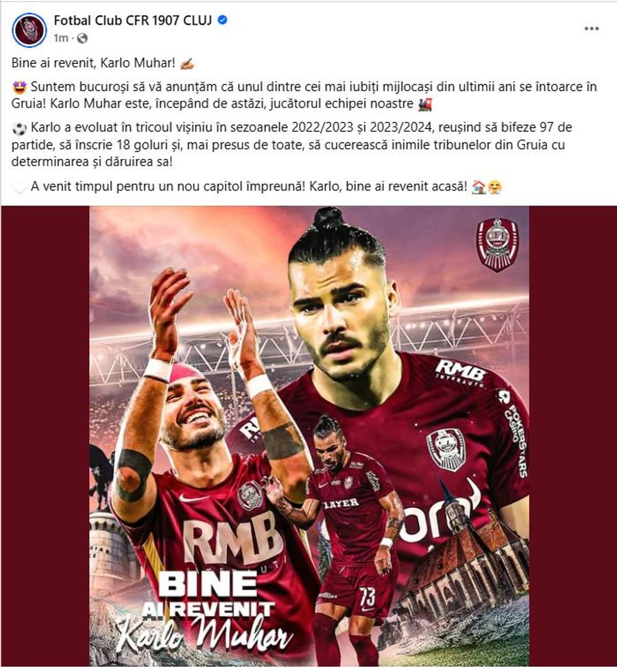 Karlo Muhar a fost prezentat oficial la CFR Cluj / Sursă foto: Facebook CFR Cluj Karlo Muhar a fost prezentat oficial în Superliga: „A venit timpul pentru un nou capitol”. Urmează transferul #4, confirmat pentru GSP