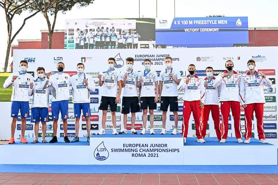 Podiumul Euro 2021 cu românii primii din stânga Performanță istorică pentru David Popovici la Europenele de juniori de la Roma. A doborât recordul mondial la 100 metri liber. Cu timpul său ar fi fost campion olimpic la Rio!