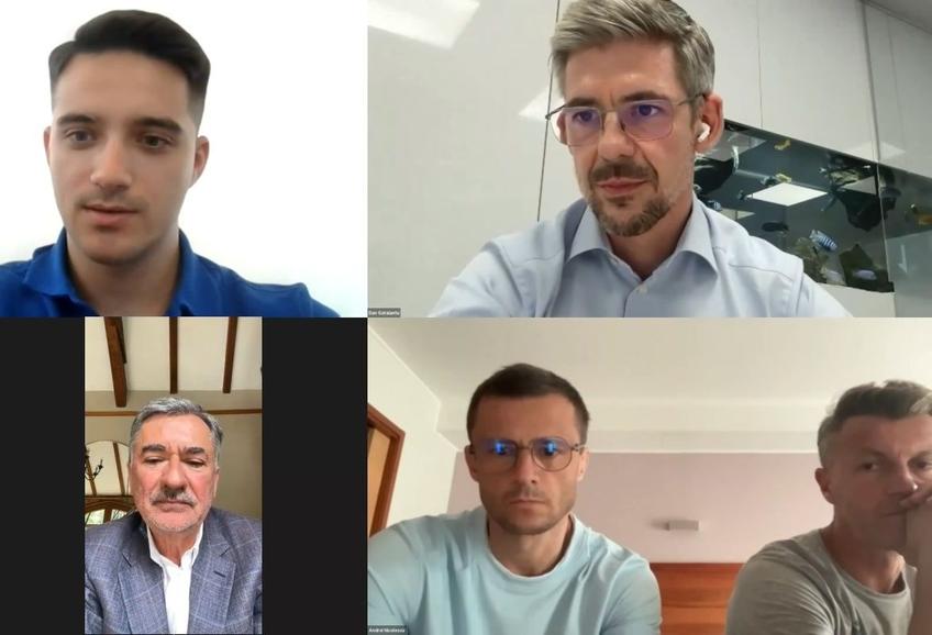 Mircea Ghiță (SeedBlink), acționarii Dan Gătăianțu, Eugen Voicu, Andrei Nicolescu și antrenorul Ovidiu Burcă în timpul discuției online