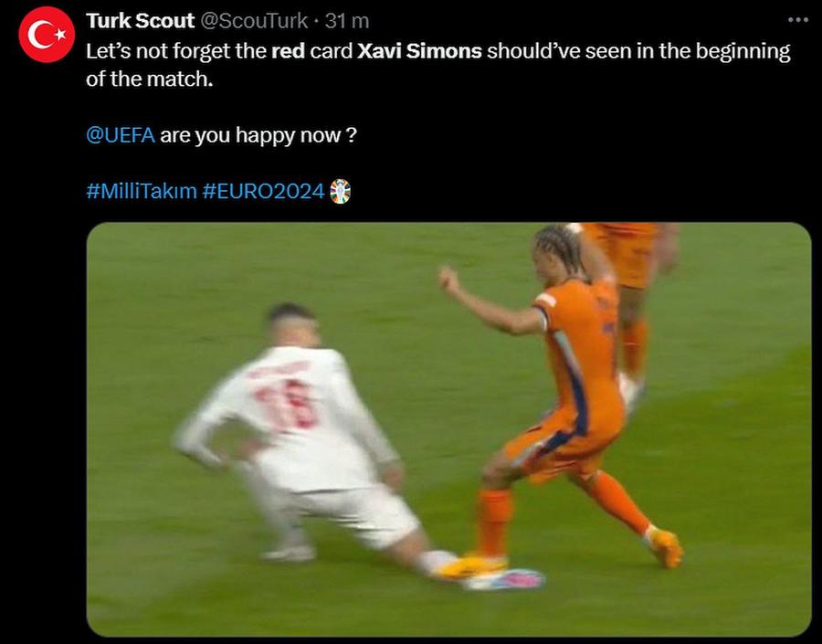 Turcii s-au plâns și pe social media de hotărârea arbitrului: „Să nu uităm cartonașul roșu pe care Xavi Simons ar fi trebuit să-l vadă la începutul meciului” Eliminați de Olanda, turcii ies la atac: „Decizie scandaloasă!”