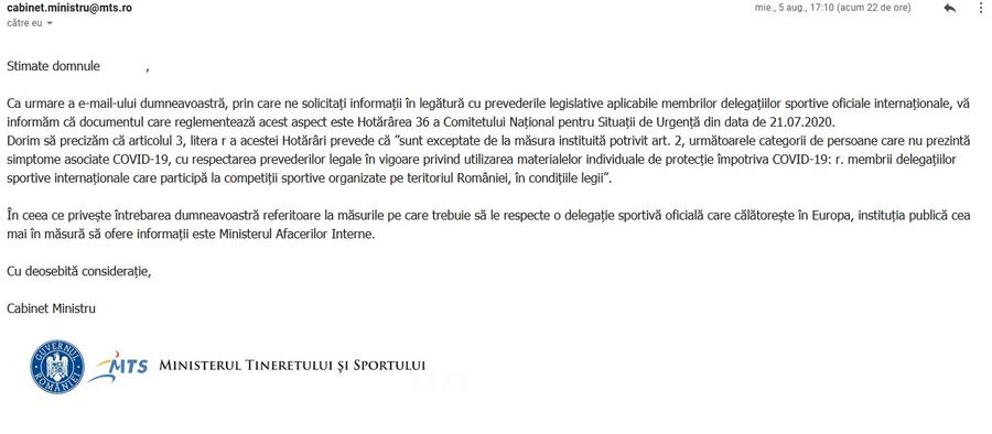 Mailul primit de redacție de la Ministerul Tineretului și Sportului Asta e România: bătaie de joc pe axa MAE - MTS - MAI! Răspunsuri oficiale halucinante la întrebarea GSP: „Ce riscă echipele românești într-o deplasare în cupele europene?
