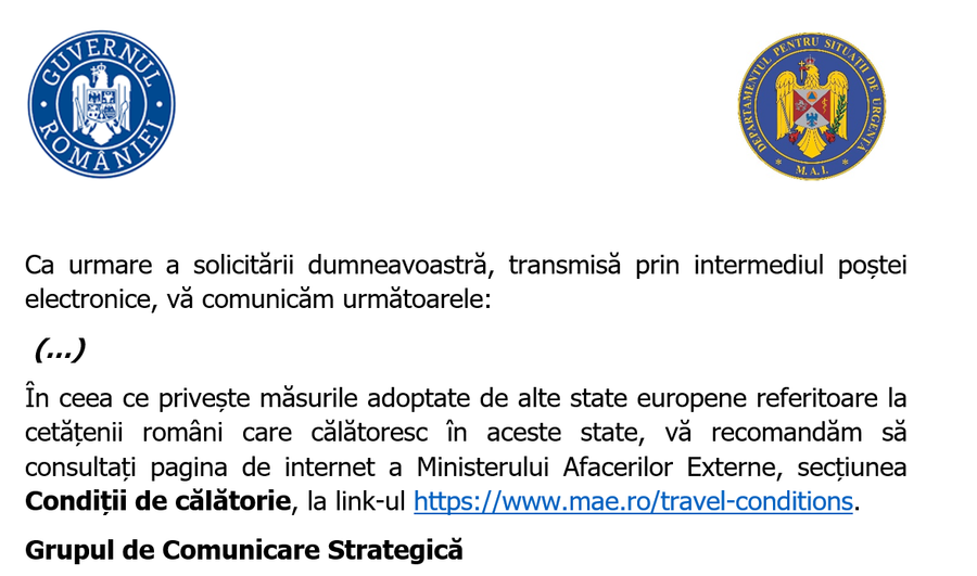 O parte din răspunsul primit de la Ministerul Afacerilor Interne Asta e România: bătaie de joc pe axa MAE - MTS - MAI! Răspunsuri oficiale halucinante la întrebarea GSP: „Ce riscă echipele românești într-o deplasare în cupele europene?