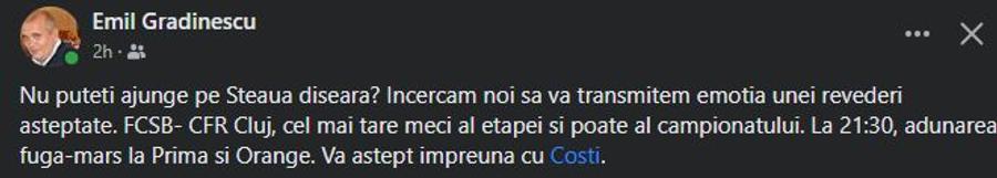 Postarea lui Emil Grădinescu Emil Grădinescu, mesaj în ziua în care FCSB revine în Ghencea: „Adunarea fuga-marș!”