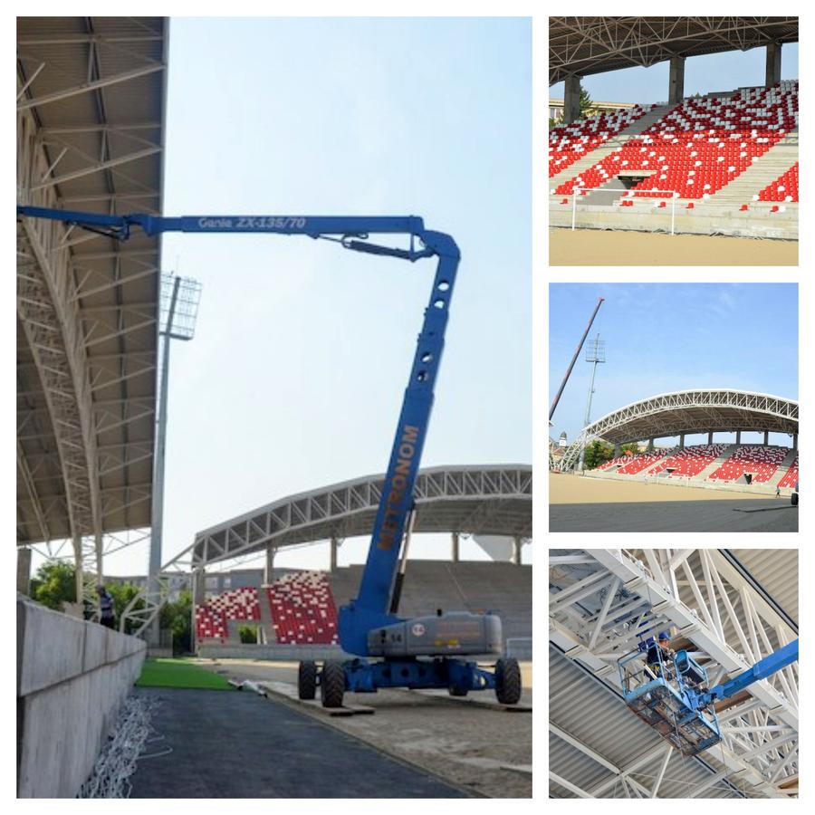O tribună a stadionului din Arad și-a primit Stadion ultramodern pentru promovarea în Liga 1 » Se montează scaunele și nocturna