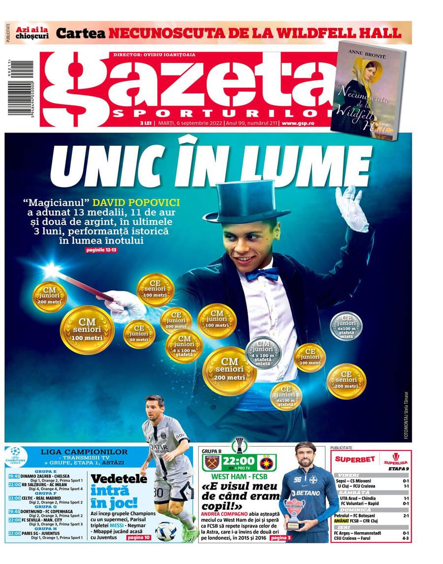 Coperta Gazetei Sporturilor de marți, 6 septembrie „Unic în lume” » Gazeta i-a dedicat coperta ediției de astăzi a ziarului „magicianului” David Popovici