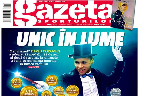 „Unic în lume” » Gazeta i-a dedicat coperta ediției de astăzi a ziarului „magicianului” David Popovici