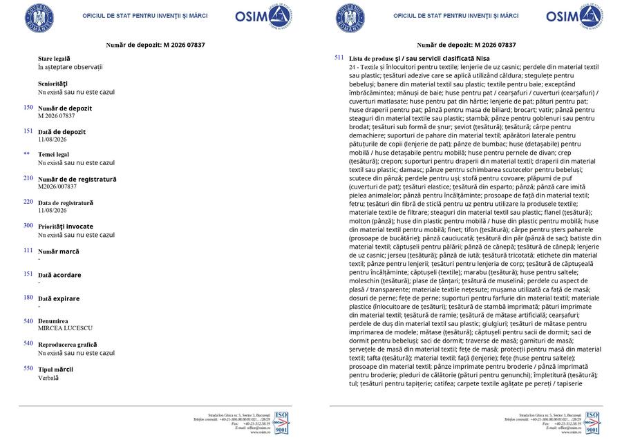 Acestea sunt primele două pagini din cererea lui Răzvan Lucescu pentru înregistrarea la OSIM a mărcii verbale „Mircea Lucescu” Răzvan Lucescu, cerere de protecție pentru numele tatălui său: sunt 1.027 de puncte nominalizate de fiul lui Mircea Lucescu