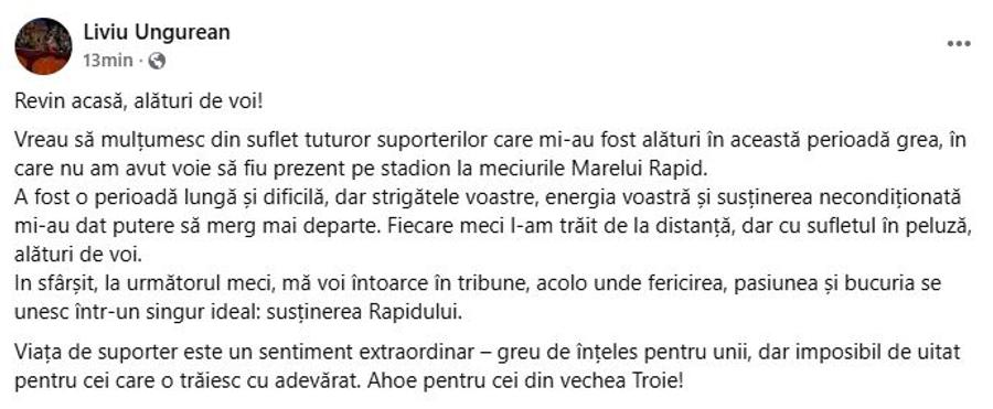 Sursă foto: Facebook Liviu Ungurean Liviu „Bocciu” Ungurean și-a anunțat revenirea în peluza Rapidului, chiar la derby-ul cu Dinamo: „Ahoe pentru cei din vechea Troie!”