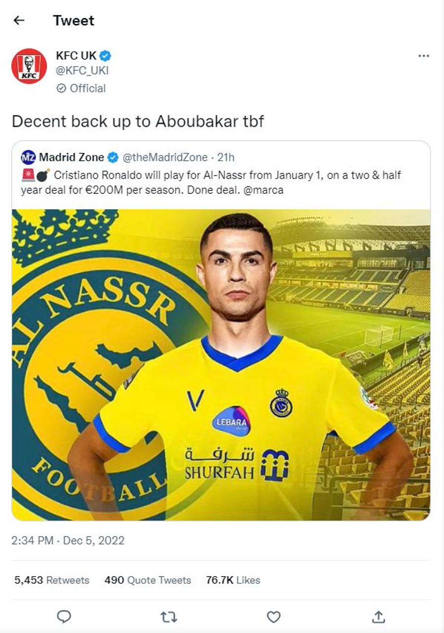 Ironia englezilor de la KFC Marea Britanie. Foto: Captură Twitter @KFC UK KFC ironizează noul transfer al lui Cristiano Ronaldo: „Va fi o rezervă decentă pentru Aboubakar”