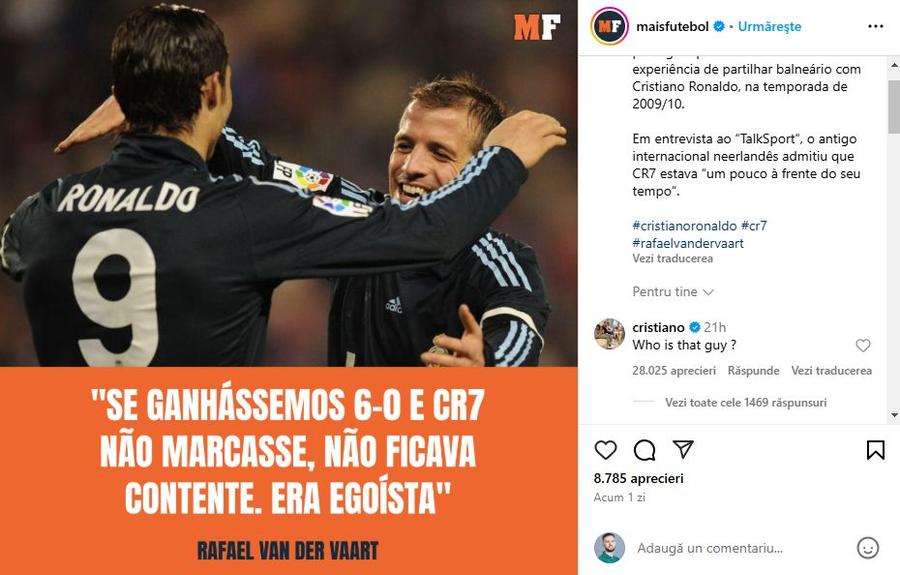 Comentariul publicat de Cristiano Ronaldo Cristiano Ronaldo și-a atacat fostul coechipier, după ce i-a citit declarațiile: „Cine e ăsta?”