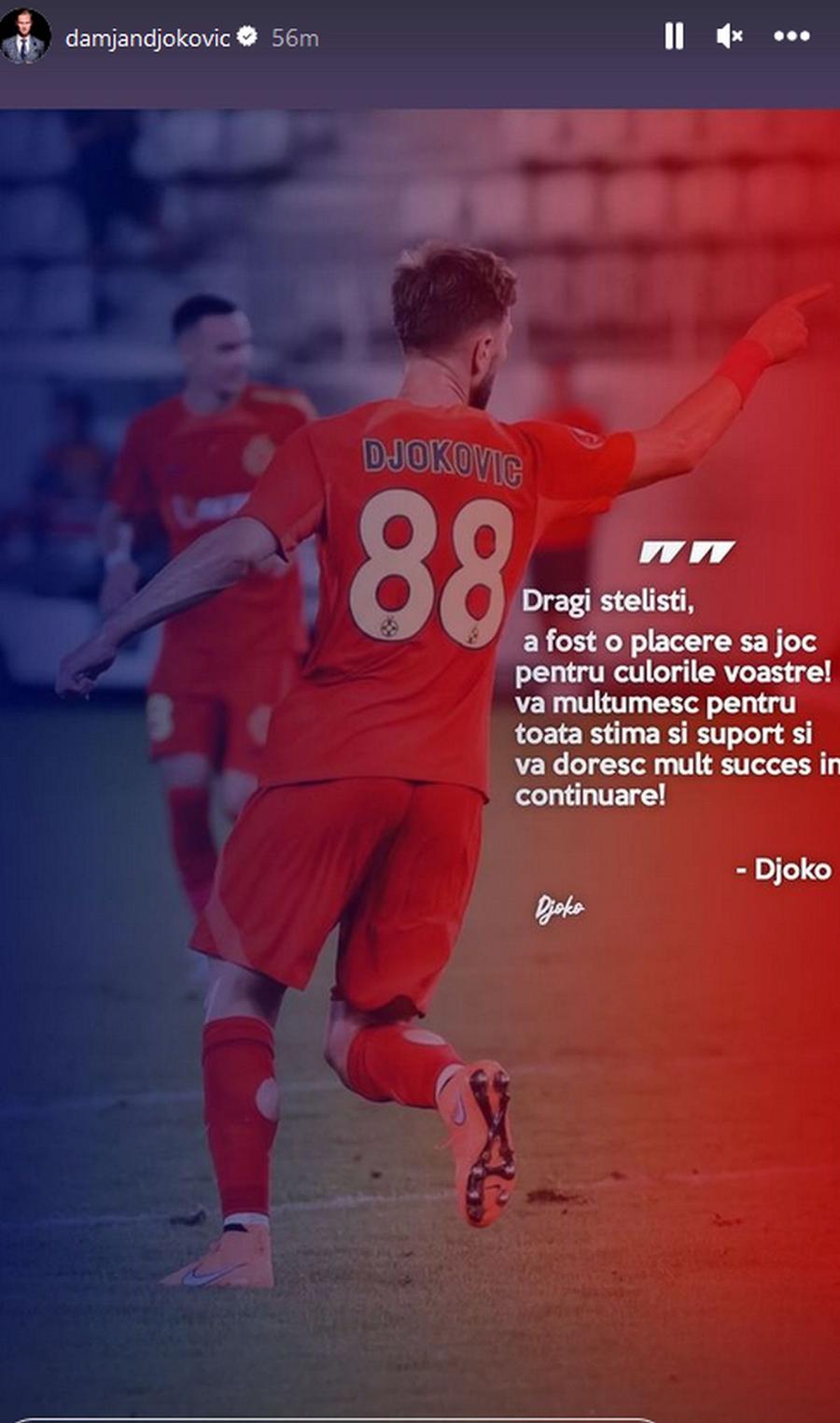 FOTO: Captură Instagram @Damjan Djokovic Suporterii Rapidului, reacție instantă după transferul de la FCSB + Mesajul lui Djokovic îi va enerva teribil