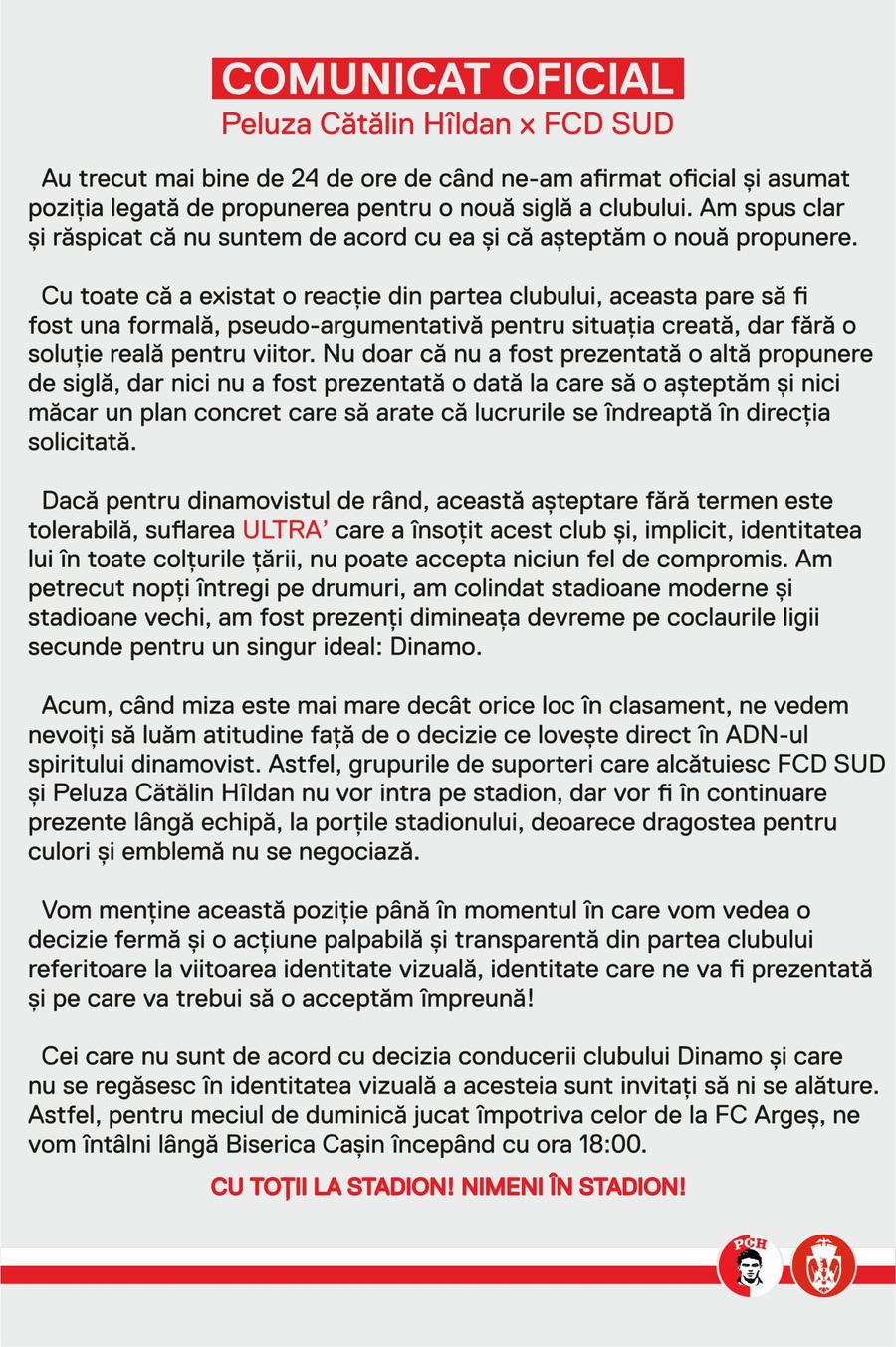 Comunicatul emis la comun de PCH și Peluza Sud Dinamo / Foto: Facebook Ultrașii dinamoviști au luat o decizie radicală după scandalul siglei: „Miza este mai mare decât orice loc în clasament!”