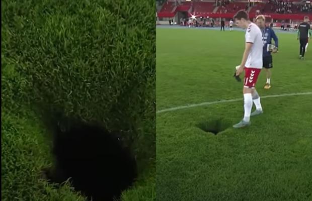 Moment rar întâlnit pe stadioane la Austria - Danemarca » O bucată din teren s-a surpat!