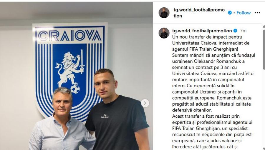 Sursă foto: Instagram I-a dat de gol pe olteni! Impresarul a furat startul, apoi a șters anunțul legat de transfer: „O mutare importantă în campionatul intern”