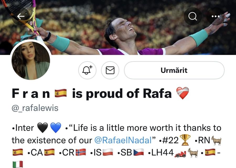 Francesca Sara, cea mai înfocată fană a lui Rafa Nadal din social-media / Sursă foto: twitter.com/_rafalewis Francesca, definiția unei pasiuni » Am găsit-o pe cea mai înfocată fană a lui Nadal din social media: „Cine crede asta despre el nu știe nimic despre tenis!”