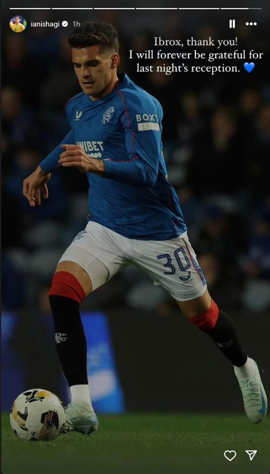 Sursă foto: Instagram Mesajul lui Ianis Hagi după revenirea în prima echipă a lui Rangers! Românul a dat un assist și apoi a fost eliminat