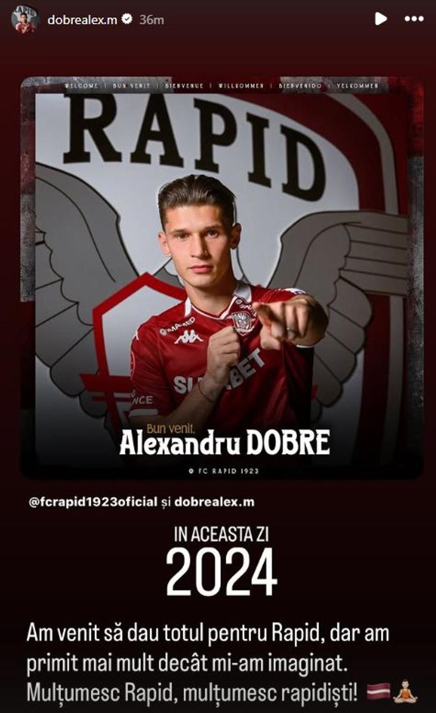 Story-ul publicat de Alex Dobre Alex Dobre, mesaj la 1 an de Rapid: „Mai mult decât mi-am imaginat”