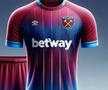 West Ham - mai multe linii colorate traversează tricoul de sus până jos.