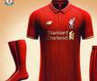 Liverpool - apar mai multe linii subțiri de culoare aurie, prezente și pe guler, care lipsește din design-ul tricoului original.