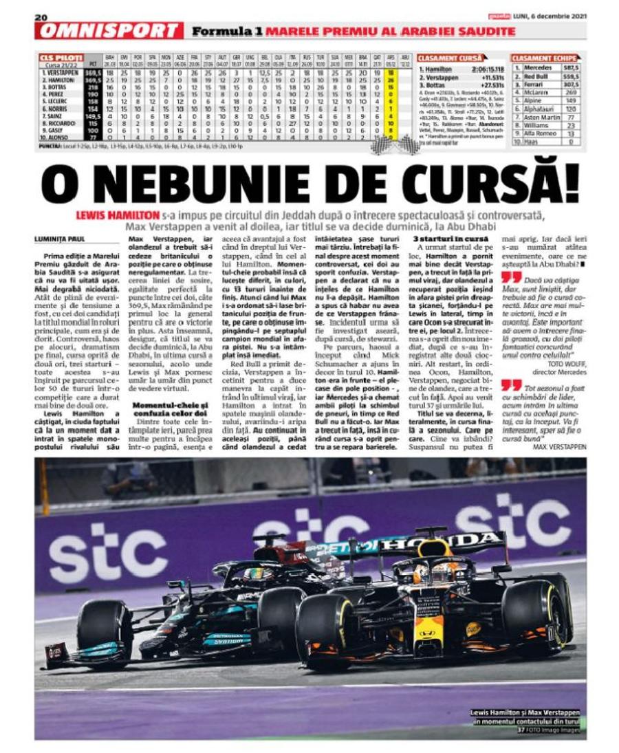 Cronica din Gazeta Sporturilor, după cursa nebună din Arabia Saudită „Atunci ne-am ciocnit” » Hamilton și Verstappen, explicații pentru accidentul incredibil din Arabia Saudită