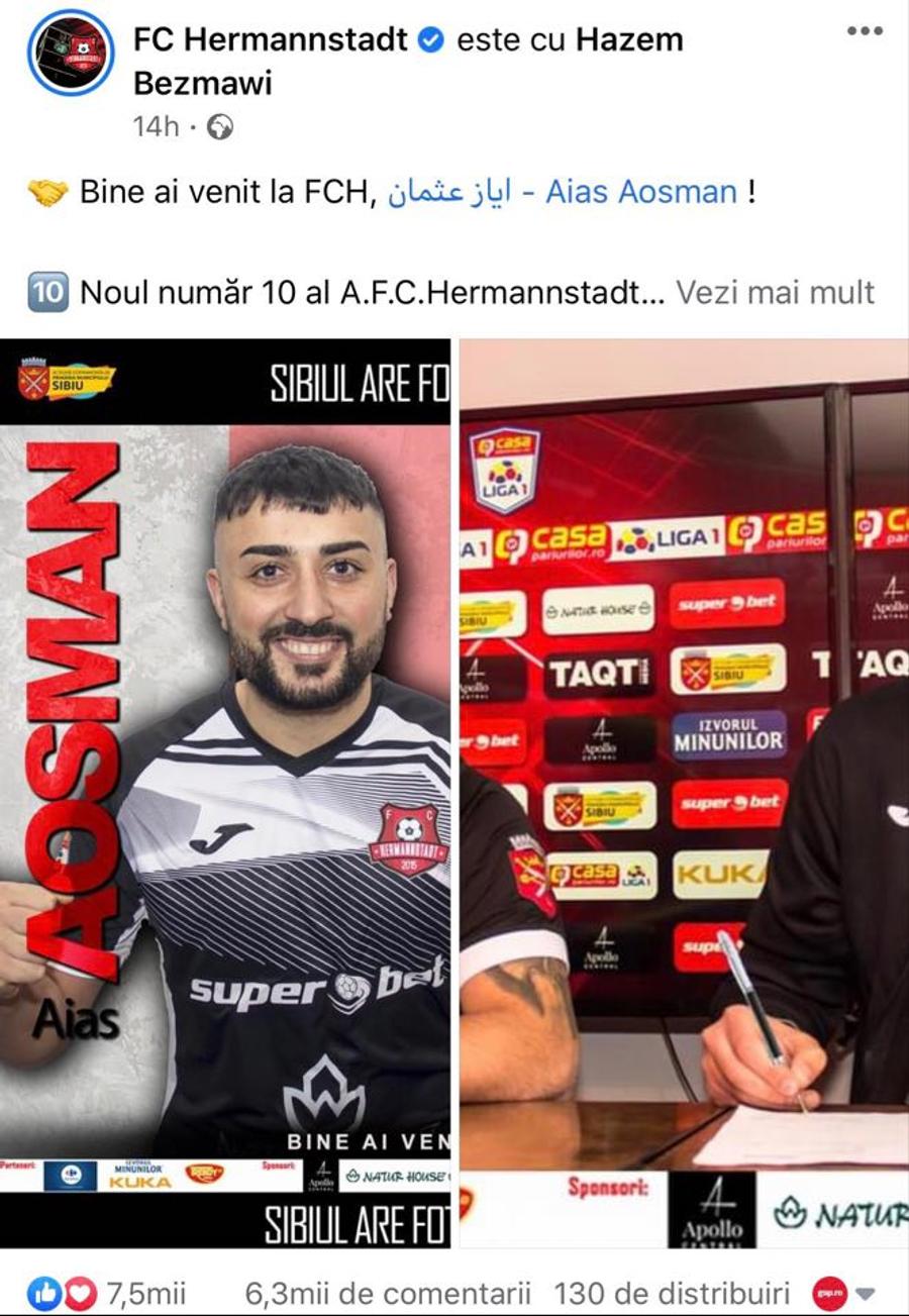 Anunțul transferului lui Aias Aosman Captură Facebook FC Hermannstadt Hermannstadt a urmat exemplul celor de la FC Botoșani cu Al Mawas și a transferat un internațional sirian » Mii de comentarii și reacții pe pagina clubului