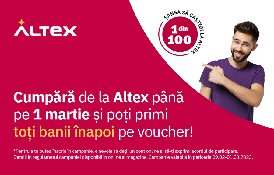 Altex oferă clienților toți banii înapoi pe vouchere la toate cumpărăturile realizate în noua campanie “1 din 100 cumpărători este câștigător”