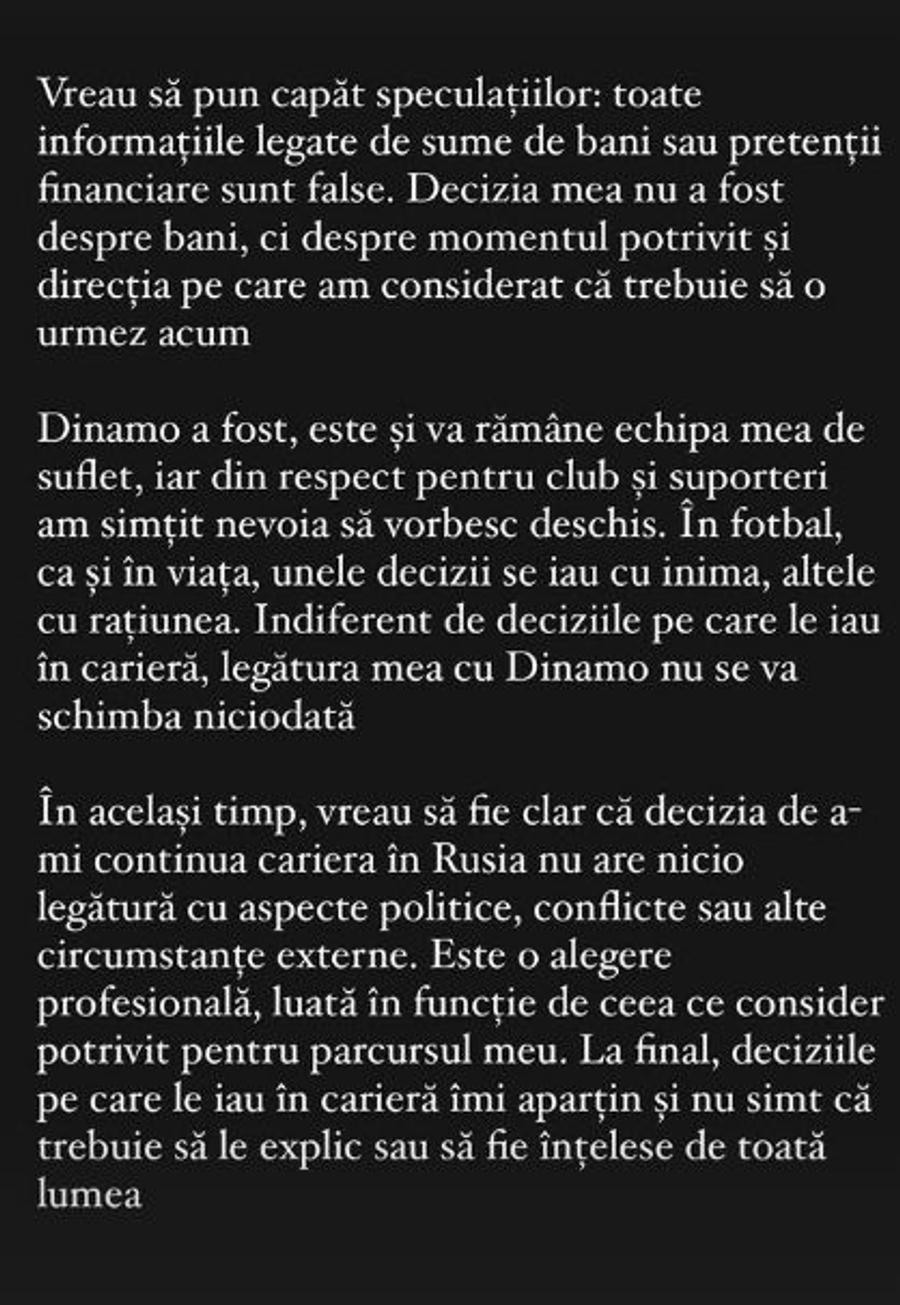 Mesajul postat de Nedelcearu, foto: Instagram Curtat de Dinamo, Ionuț Nedelcearu explică de ce a refuzat oferta: „Vreau să fie clar”