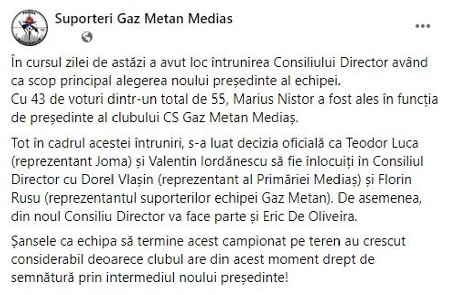 Mutări de ultimă oră la Gaz Metan: „Șansele ca echipa să termine campionatul pe teren au crescut considerabil”