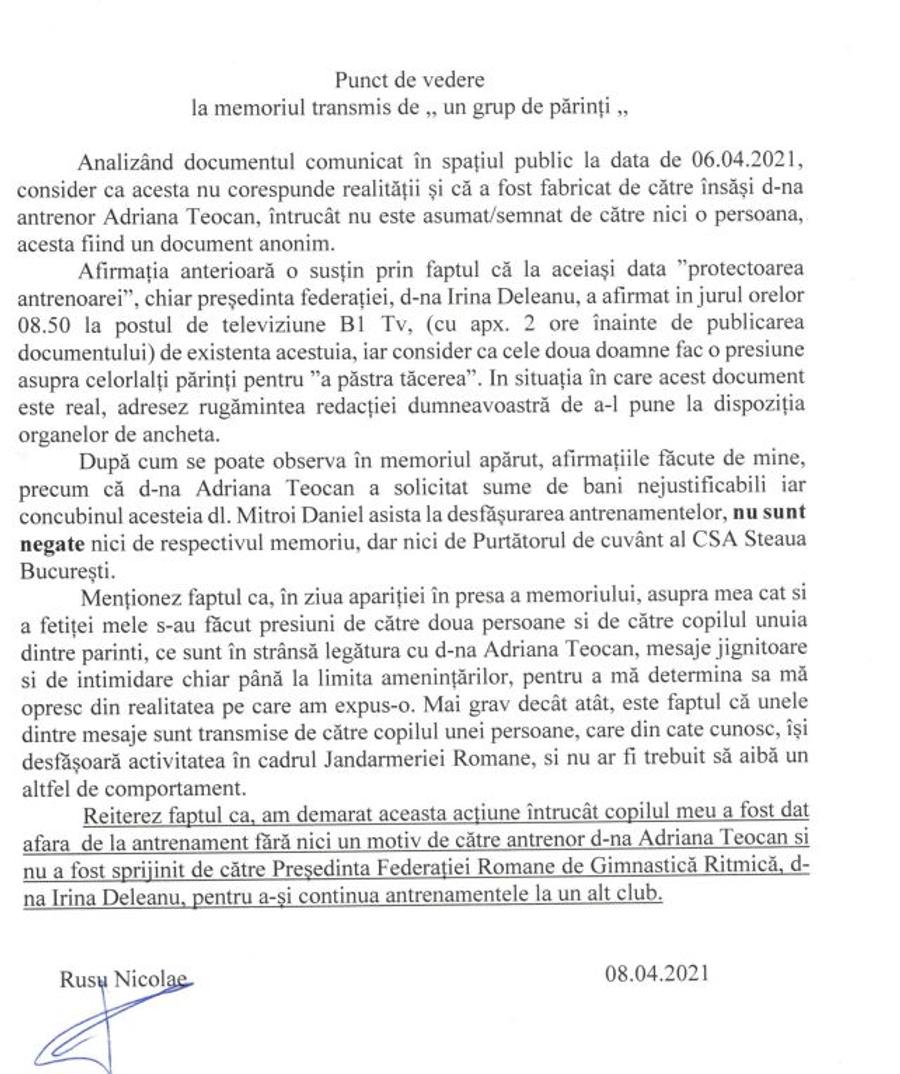 Punctul de vedere al tatălui gimnastei Andra Rusu, după ce mai mulți părinți au sărit în apărarea antrenoarei de la CSA Steaua