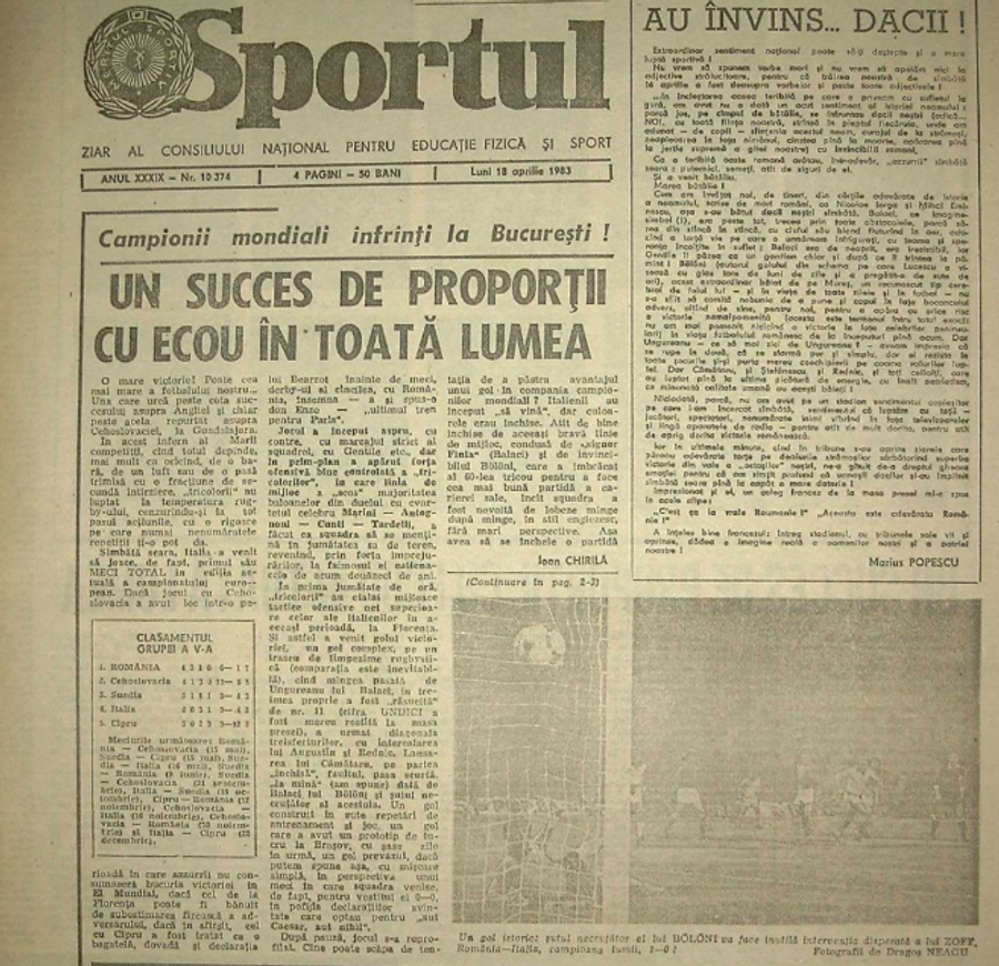 „Un succes de proporții cu ecou în toată lumea” titra Sportul Românesc, după România - Italia 1-0 „Doctoratul” lui Mircea Lucescu în antrenorat: „Meciul cu Italia a fost o capodoperă” » Cum a învins „Il Luce” campioana mondială