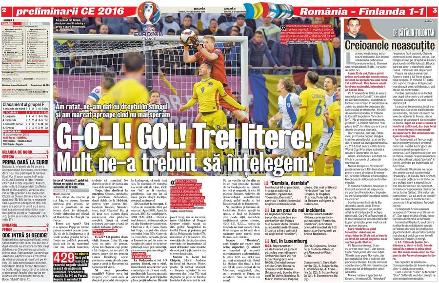 Ediția Gazetei Sporturilor din 9 octombrie 2015 România la Euro 2016: început plin de speranță, final dezolant! Povestea de tristă amintire: la o victorie cu Albania distanță de „optimi”