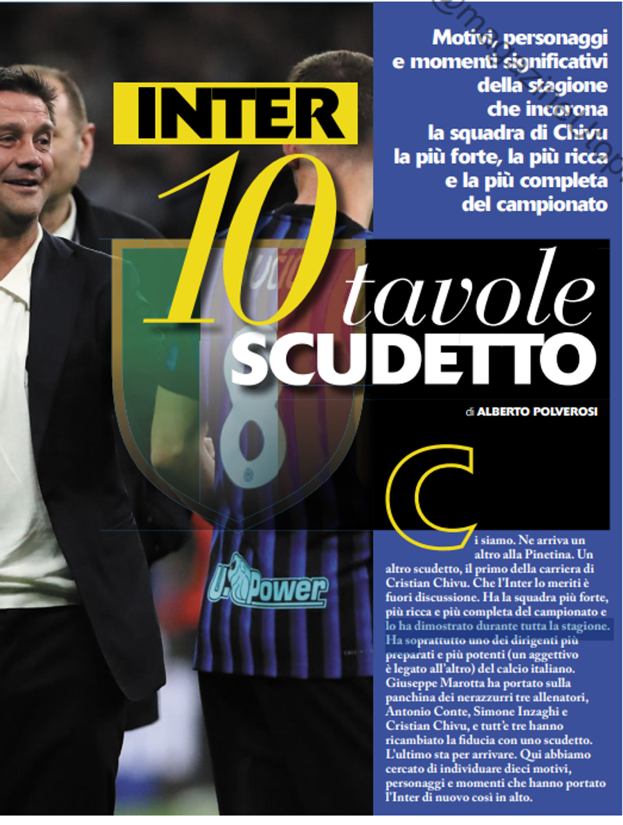Pagina 7 din Guerin Sportivo, numărul pe iunie scos astăzi pe piață în Italia Chivu, elogiat în Guerin Sportivo: „21 după Cristian. Un cvasidebutant ia titlul, ipotecându-și viitorul la Inter!”