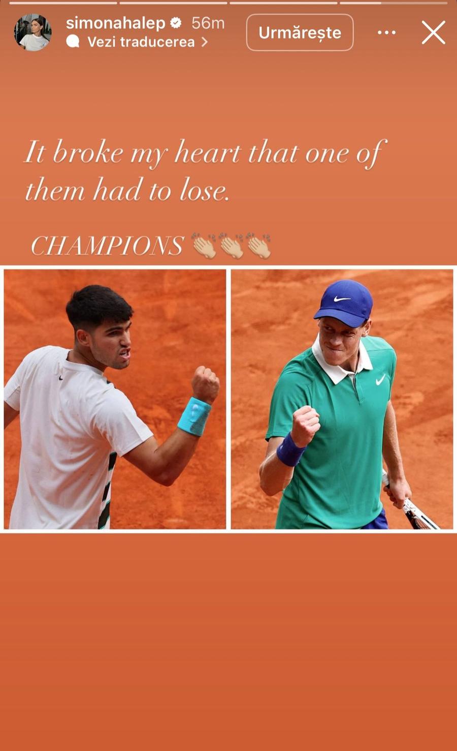 Postarea Simonei Halep, după finala Roland Garros dintre Alcaraz și Sinner „Mi-a frânt inima” » Simona Halep a văzut finala Roland Garros și a reacționat