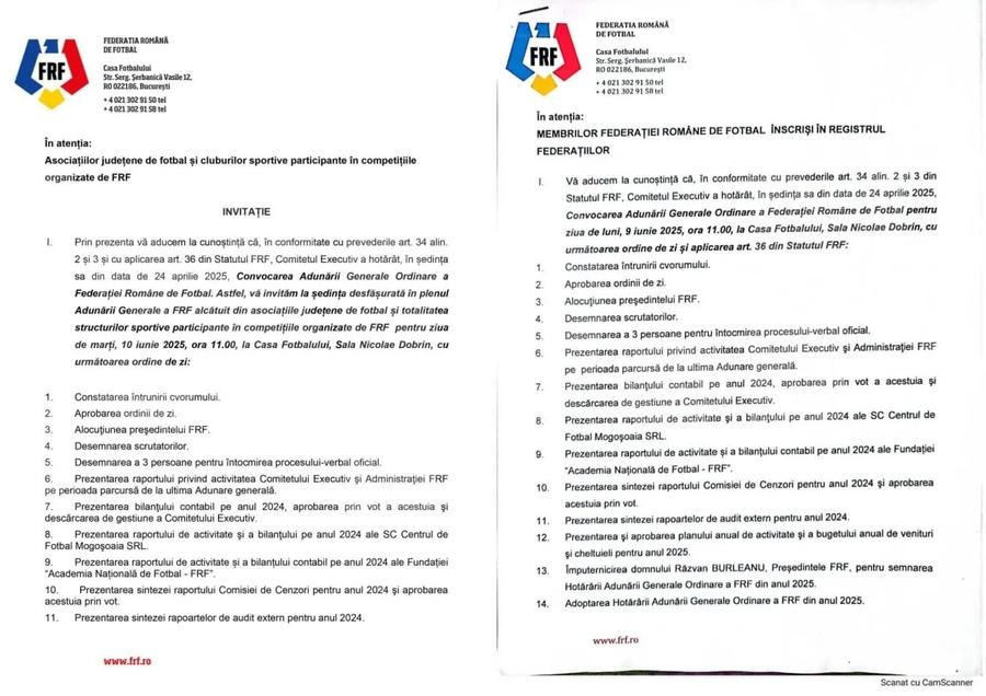 În stânga - convocarea Adunării Generale din 10 iunie, iar în dreapta - pentru AG din 9 iunie FRF în corzi: două Adunări Generale diferite, în două zile consecutive, sub presiunea acuzelor de funcționare ilegală! » „Vor să calmeze masele”