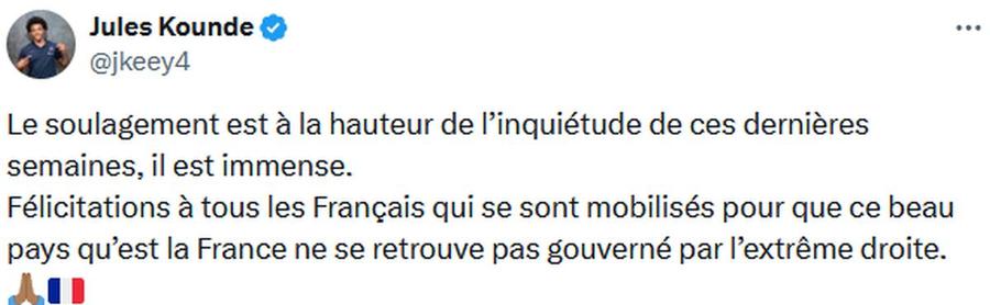 Mesajul postat de Jules Kounde pe X „Ați reacționat împotriva pericolului Marine Le Pen” » Jucătorii Franței, avalanșă de reacții după surpriza din alegerile din Hexagon