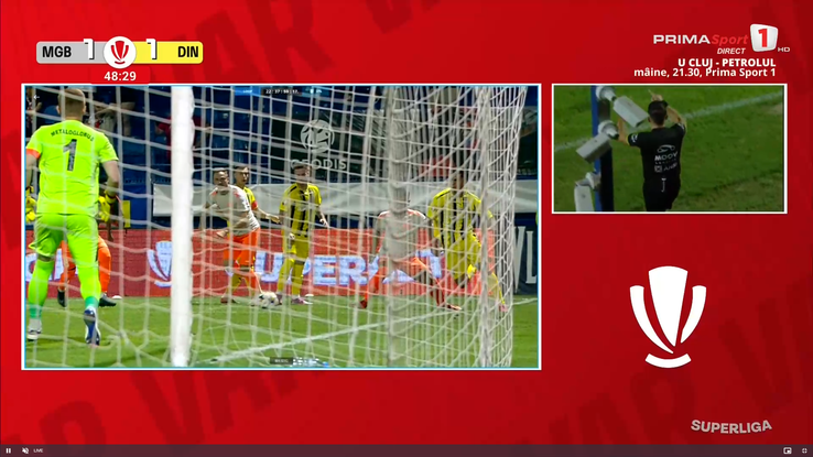 Gol anulat în Metaloglobus - Dinamo ca urmare a intervenției VAR. FOTO: captură Prima Sport