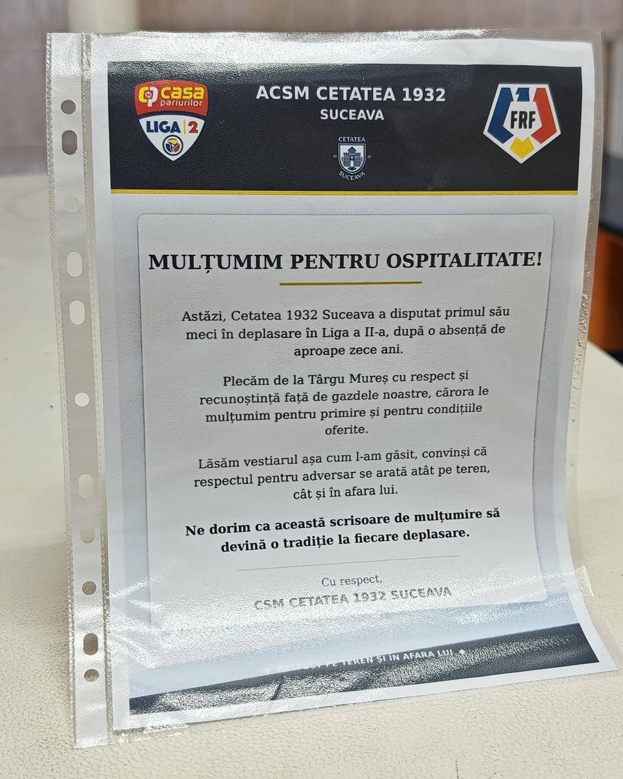 Mesajul lăsat în vestiar de jucătorii de la CSM Cetatea 1932 Suceava // foto: facebook @Liga 2 Rar în România » Gestul jucătorilor echipei nou-promovate, inspirat de națională