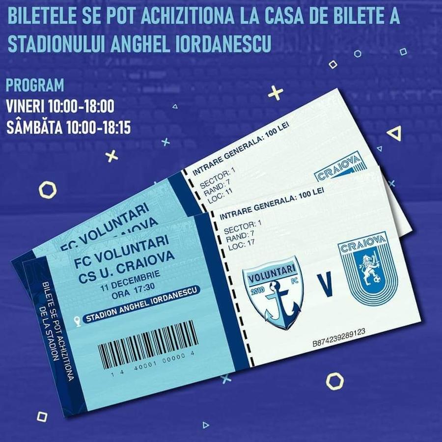 Un bilet la meciul FC Voluntari - CS Universitatea costă 100 de lei // foto: Facebook @ FC Voluntari Scandal înaintea duelului de play-off din Liga 1 » Autoritățile au redeschis stadioanele, clubul blochează accesul fanilor!