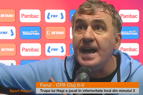 Farul și CFR Cluj au remizat, scor 0-0, în ultima rundă a grupei C din Cupa României. Gică Hagi (57 de ani), managerul dobrogenilor, a avut o criză de nervi în timpul interviurilor.