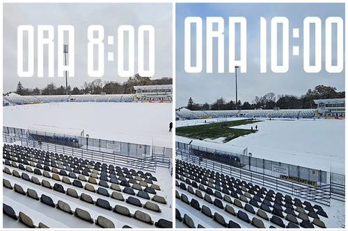 Cu 9 ore înainte de Poli Iași - UTA, terenul era acoperit de zăpadă // sursă foto: Facebook @ FC Politehnica Iasi