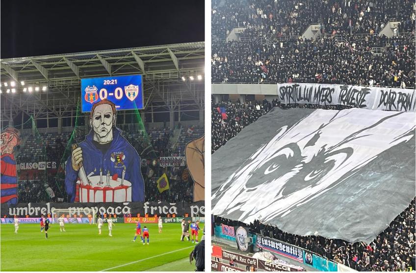 Peluza Nord a celor de la FCSB a afișat două scenografii la derby-ul cu Rapid de pe Arena Națională.