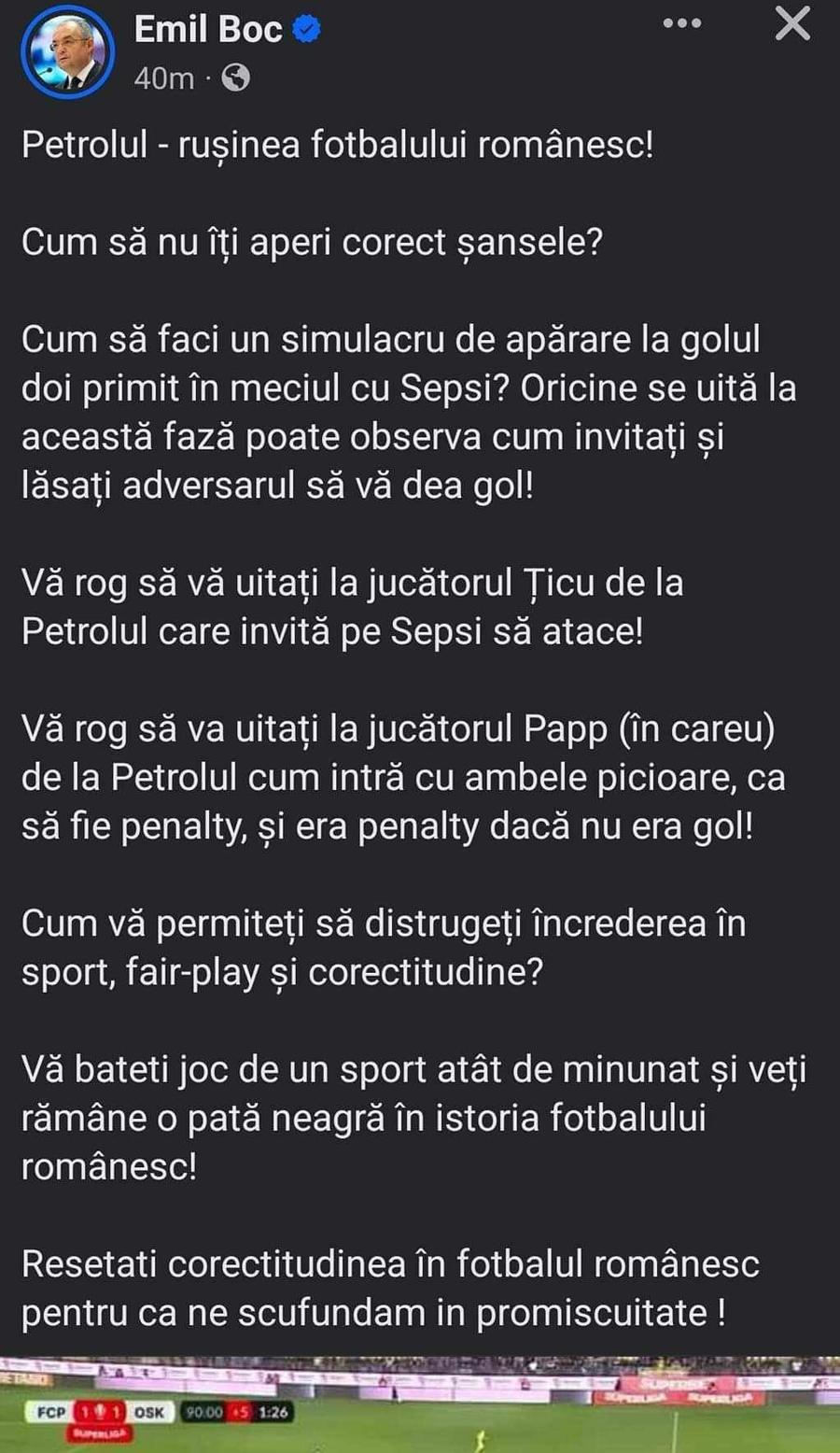 Captură cu mesajul postat de Emil Boc și șters ulterior Emil Boc a răbufnit! Acuzații de blat în Superligă: „Cum să nu îţi aperi corect şansele?”