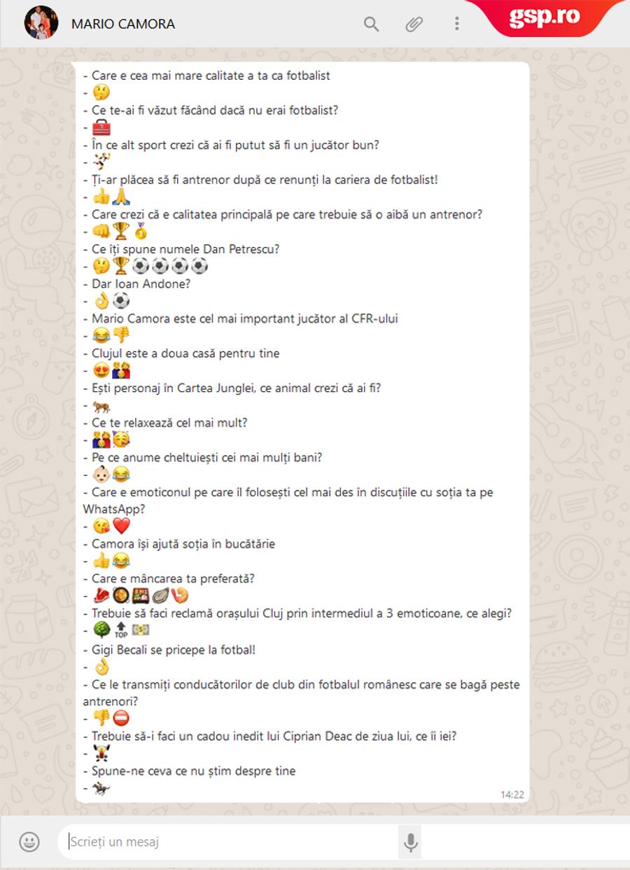 WhatsApp Q&A » Mario Camora intră în provocarea GSP: cum răspunde cu un emoticon la întrebări și afirmații inedite