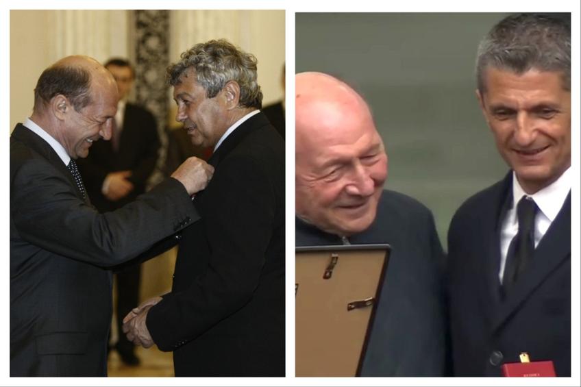 În stânga, Traian Băsescu decorându-l pe Mircea Lucescu în 2009 / În dreapta, fostul președinte alături de fiul regretatului antrenor, Răzvan