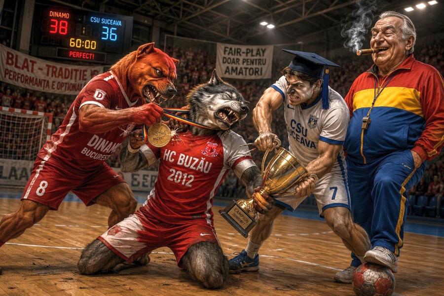 Fotografie realizată cu AI de către cei de la HC Buzău, prin care condamnă evenimentele de la Suceava - Dinamo / Sursă foto: HC Buzău Tărăboi și acuzații de blat în handbalul românesc: „Teatru ieftin!” » Non-combat în meciul cu Dinamo? Ce spun părțile implicate: „Ne-au amenințat”
