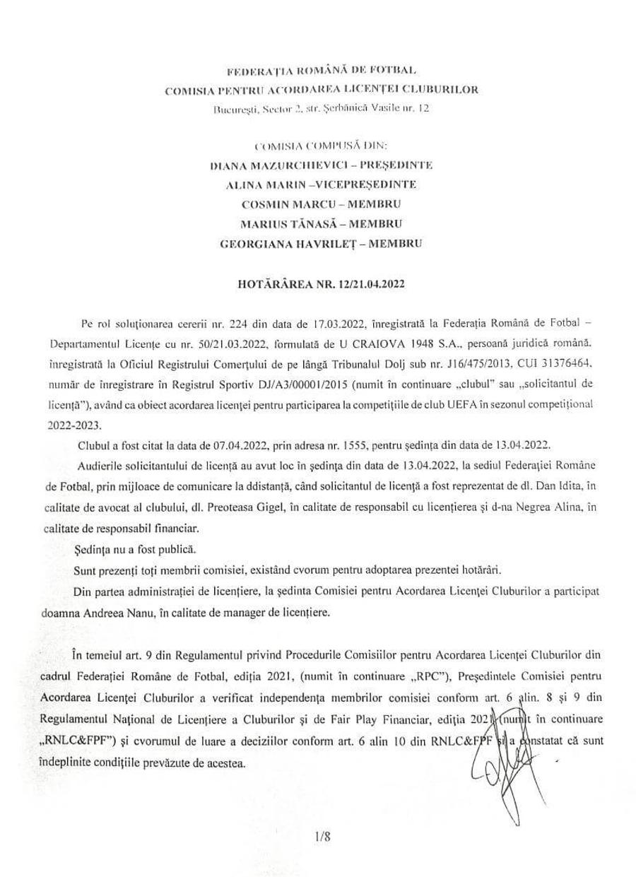 FCU Craiova se laudă că nu a luat licența UEFA » Comunicatul oltenilor: „FRF confirmă că suntem echipa originală” + Documentele prezentate de echipa lui Mititelu