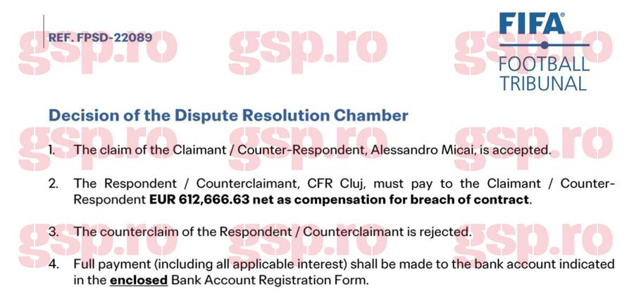 Pasajul din decizia de la FIFA care îi dă satisfacție lui Alessandro Micai în procesul cu CFR Cluj Ioan Varga trebuie să-i plătească o avere jucătorului aruncat peste bord de Dan Petrescu: „Tratament abuziv, vădit nelegal”