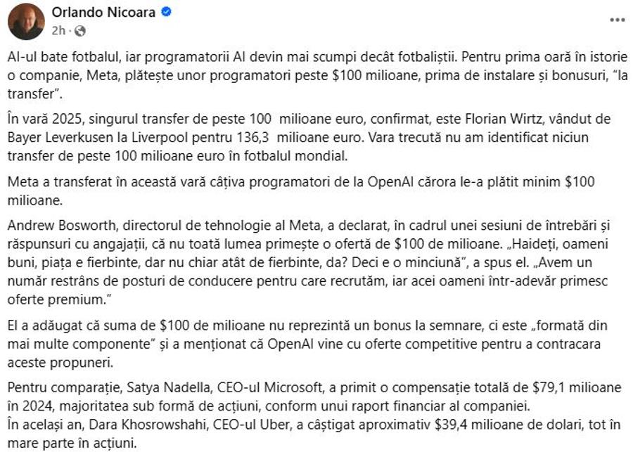 Orlando Nicoară sesizează un trend mondial incredibil: „AI-ul bate fotbalul! Programatorii costă acum peste 100 de milioane $”