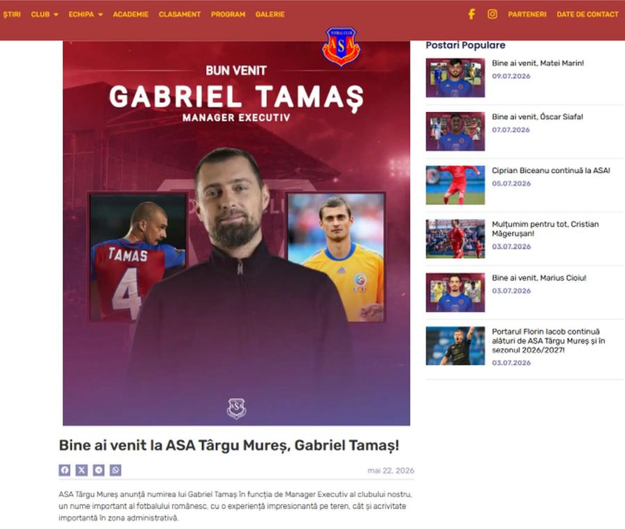 Anunțul pe site-ul ASA Tg. Mureș, pe 22 mai Cine a încurcat paharele? Gabi Tamaș, prezentat oficial pentru a doua oară de aceeași echipă, în decurs de două luni!