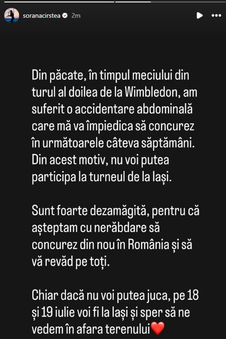 Sorana Cîrstea și-a anunțat retragerea de la WTA Iași / Foto: Instagram Sorana Cîrstea Sorana Cîrstea nu va juca la WTA Iași după accidentarea suferită la Wimbledon: „Sunt foarte dezamăgită”